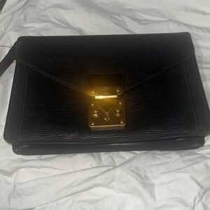 Louis Vuitton Black Leather Clutch with Gold Accents